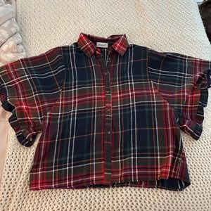 Flannel button down ruffle sleeve top in medium! Worn and washed once!